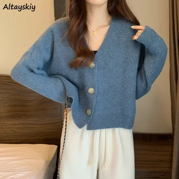 Cardigan Ženy Zimné Hrubšie Pevné Jednoduché kórejský Štýl Vintage tvaru Pletené Svetre Teplé Outwear Voľné Topy Študent Denného